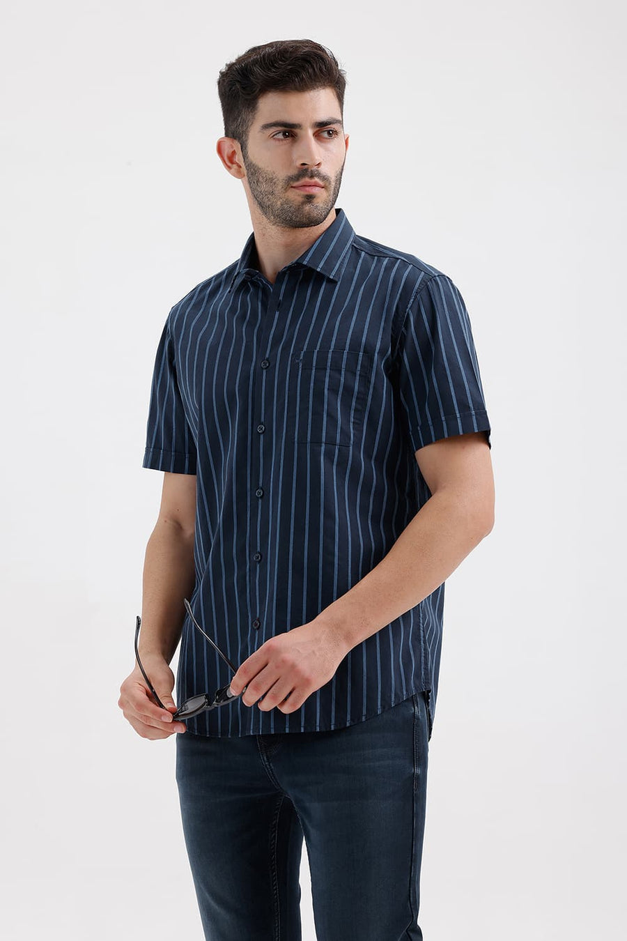BASICS SLIM FIT NAVY SPACE COTTON DOBBY STRIPE HALFSLEEVES SHIRT