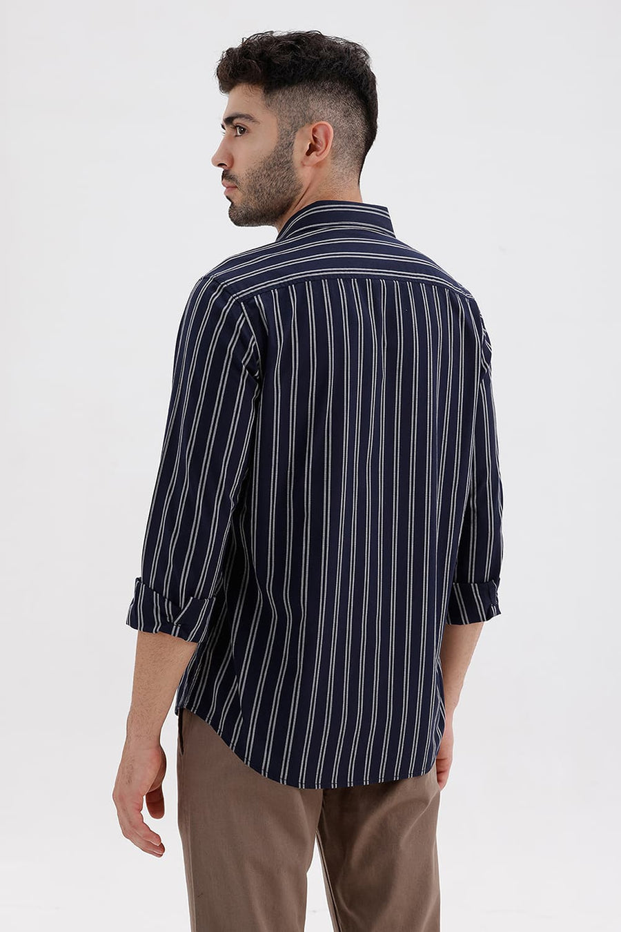 BASICS SLIM FIT NAVY IRIS COTTON DOBBY STRIPE SHIRT