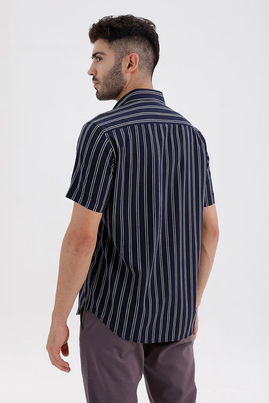 BASICS SLIM FIT NAVY IRIS COTTON DOBBY STRIPE HALFSLEEVES SHIRT
