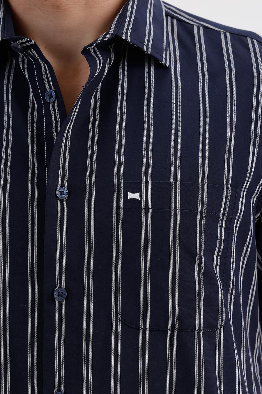 BASICS SLIM FIT NAVY IRIS COTTON DOBBY STRIPE HALFSLEEVES SHIRT