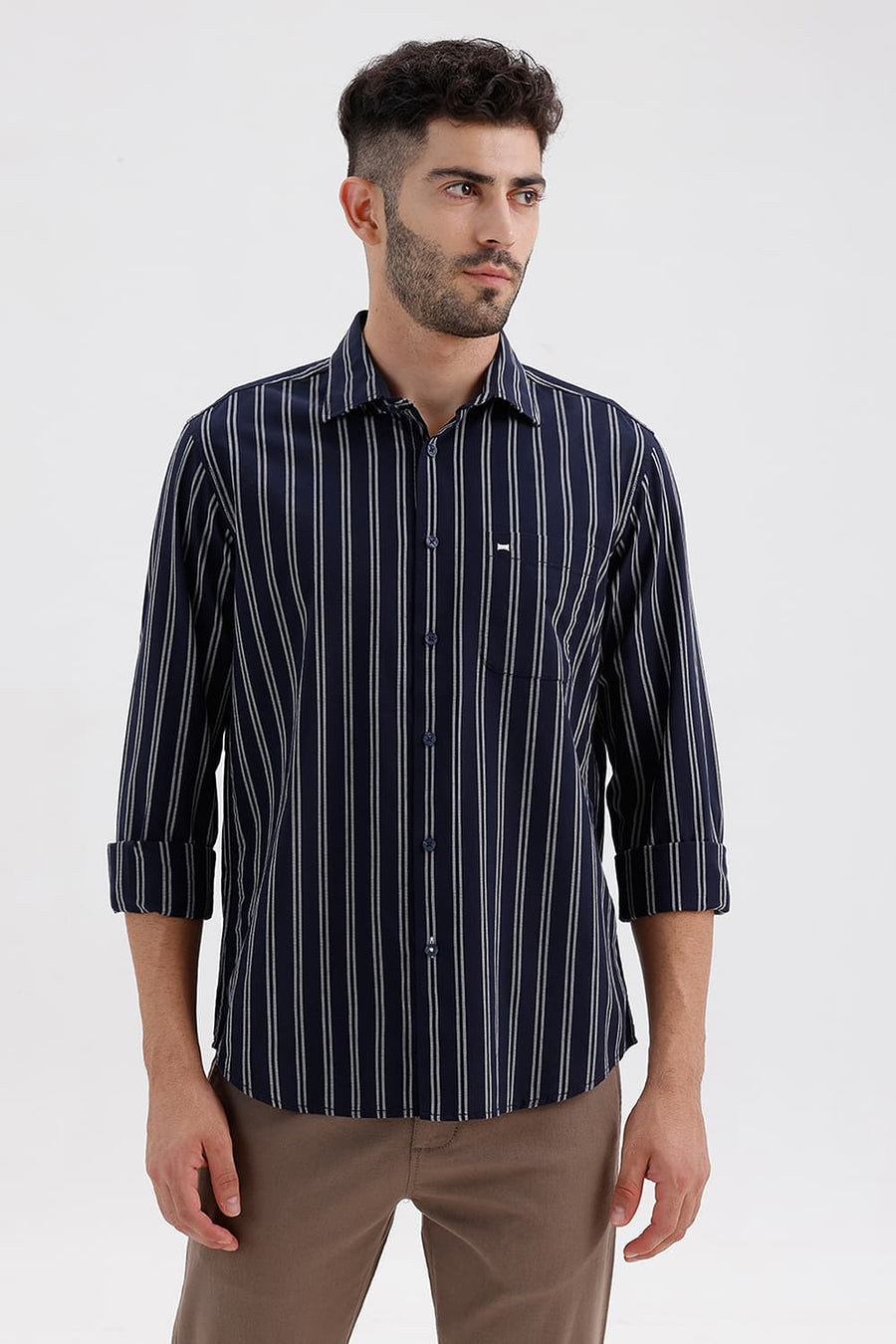 BASICS SLIM FIT NAVY IRIS COTTON DOBBY STRIPE SHIRT