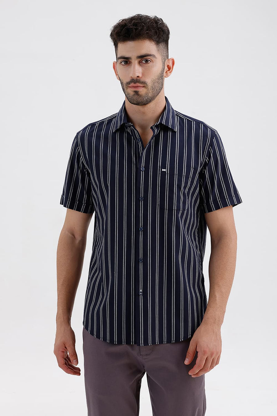 BASICS SLIM FIT NAVY IRIS COTTON DOBBY STRIPE HALFSLEEVES SHIRT
