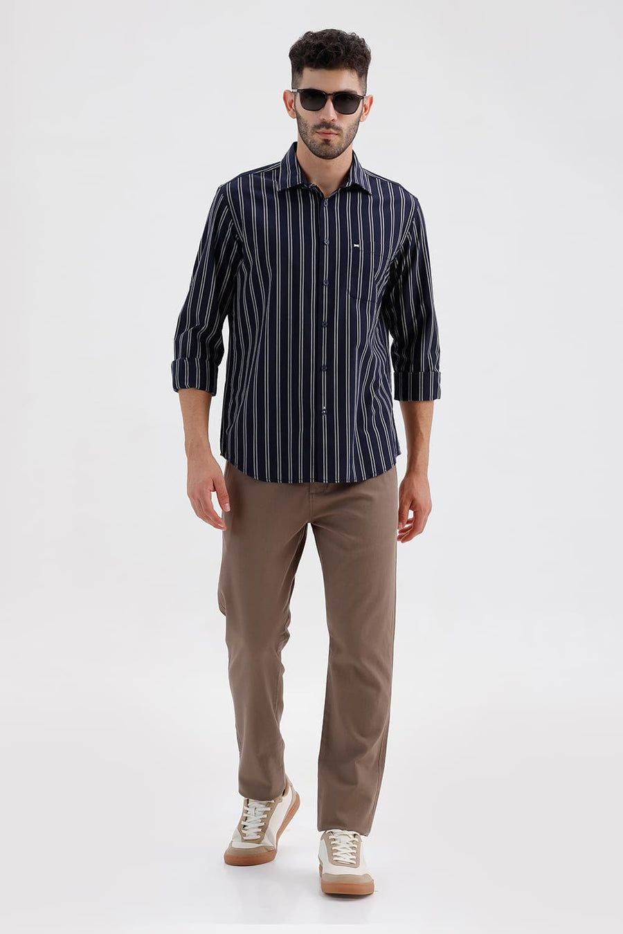BASICS SLIM FIT NAVY IRIS COTTON DOBBY STRIPE SHIRT