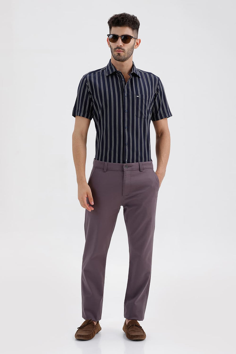 BASICS SLIM FIT NAVY IRIS COTTON DOBBY STRIPE HALFSLEEVES SHIRT
