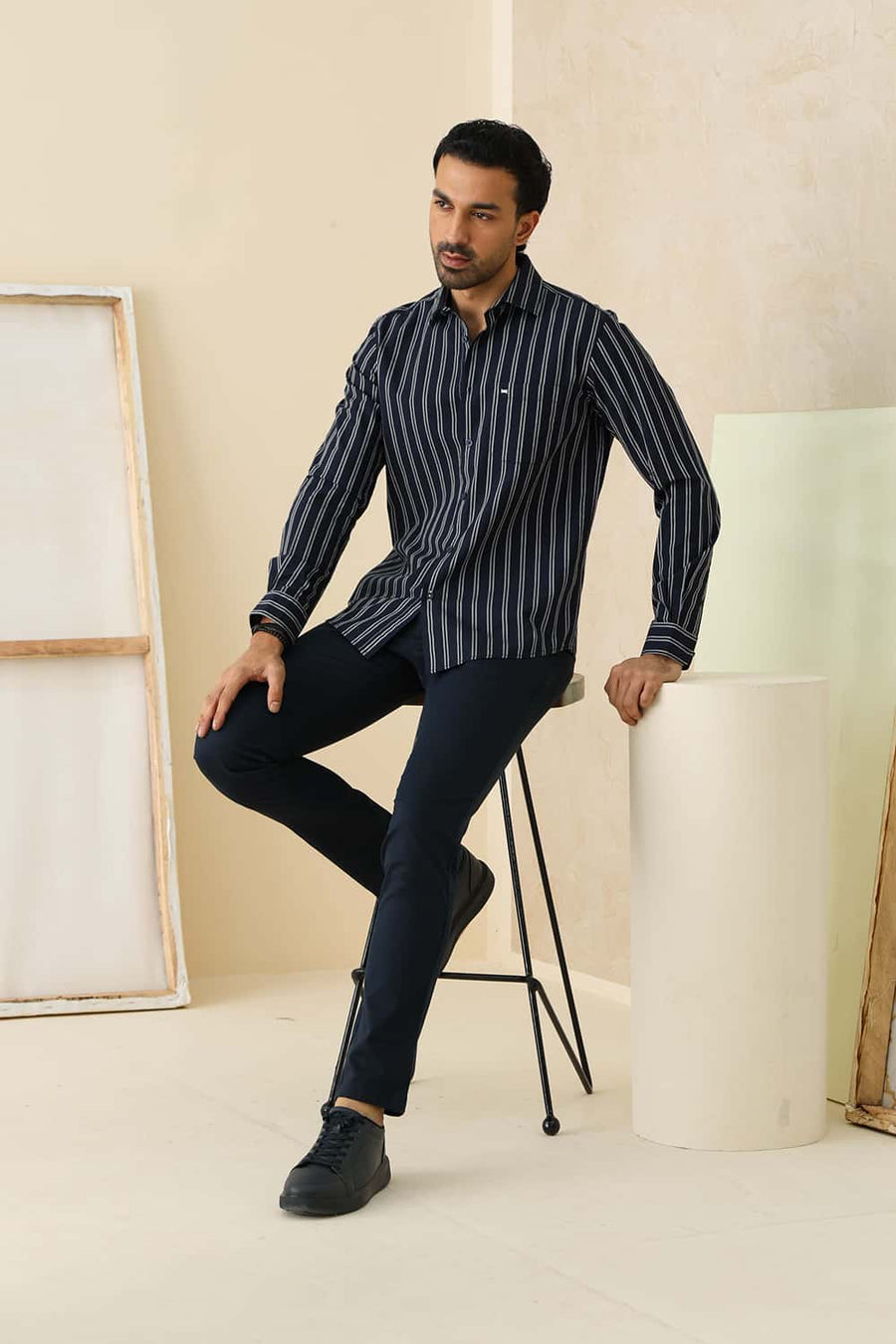 Basics Slim Fit Navy Iris Cotton Dobby Stripe Shirt