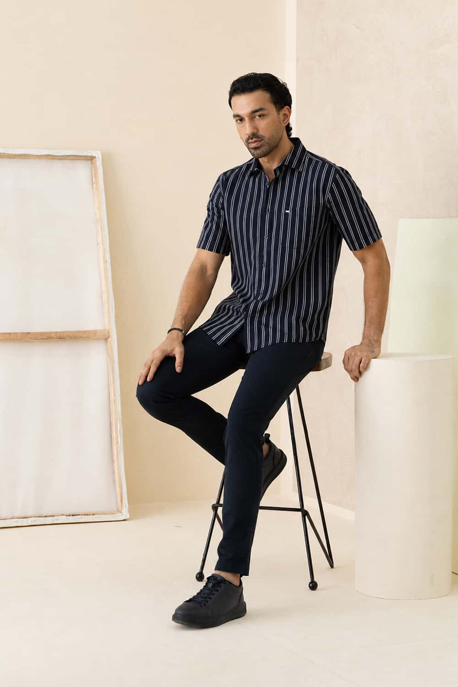Basics Slim Fit Navy Iris Cotton Dobby Stripe Halfsleeves Shirt