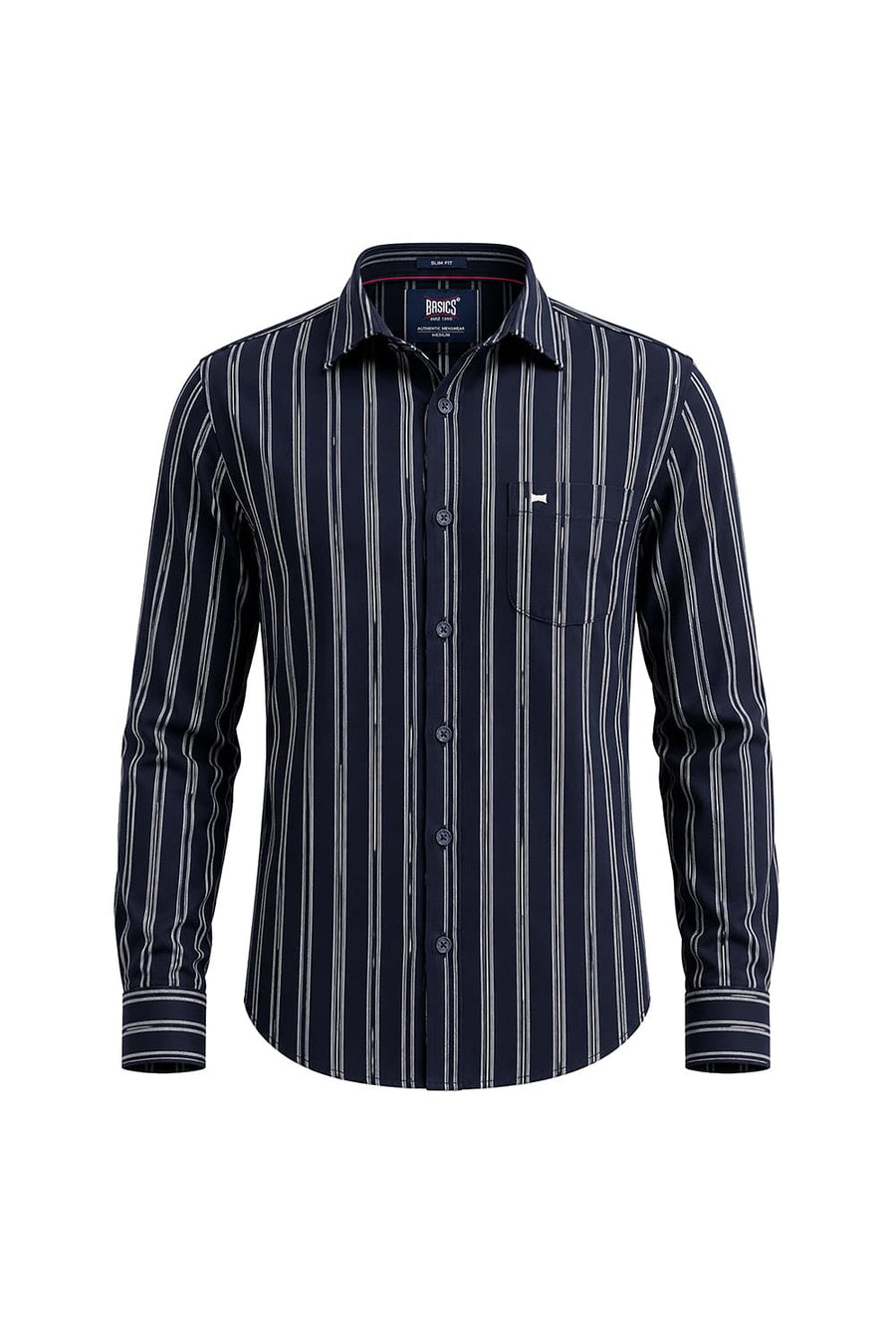 BASICS SLIM FIT NAVY IRIS COTTON DOBBY STRIPE SHIRT