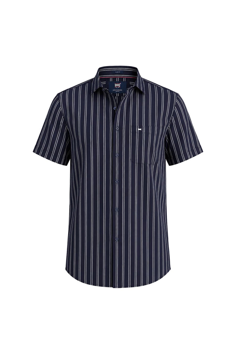 BASICS SLIM FIT NAVY IRIS COTTON DOBBY STRIPE HALFSLEEVES SHIRT