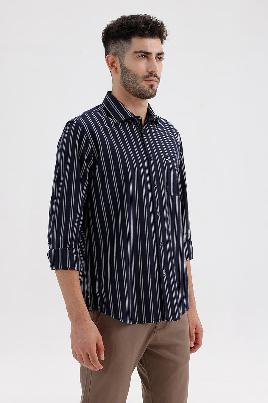 BASICS SLIM FIT NAVY IRIS COTTON DOBBY STRIPE SHIRT