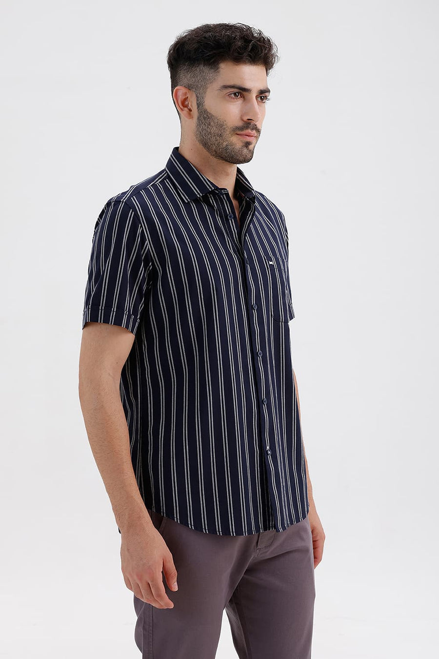 BASICS SLIM FIT NAVY IRIS COTTON DOBBY STRIPE HALFSLEEVES SHIRT