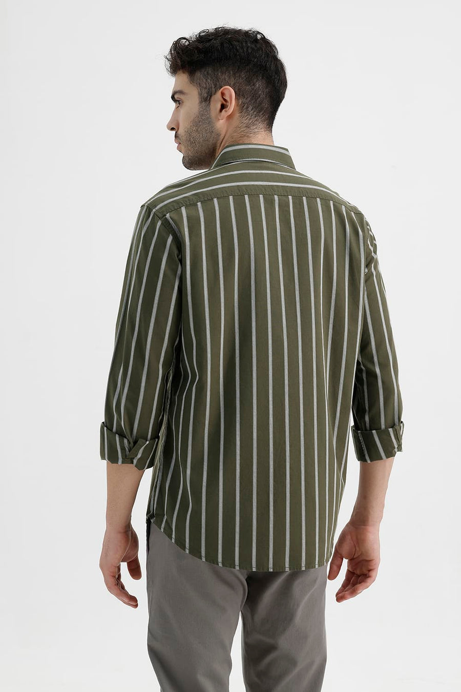 BASICS SLIM FIT MOSS GREEN COTTON DOBBY STRIPE SHIRT