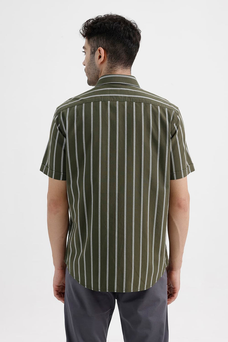 BASICS SLIM FIT MOSS GREEN COTTON DOBBY STRIPE HALFSLEEVES SHIRT