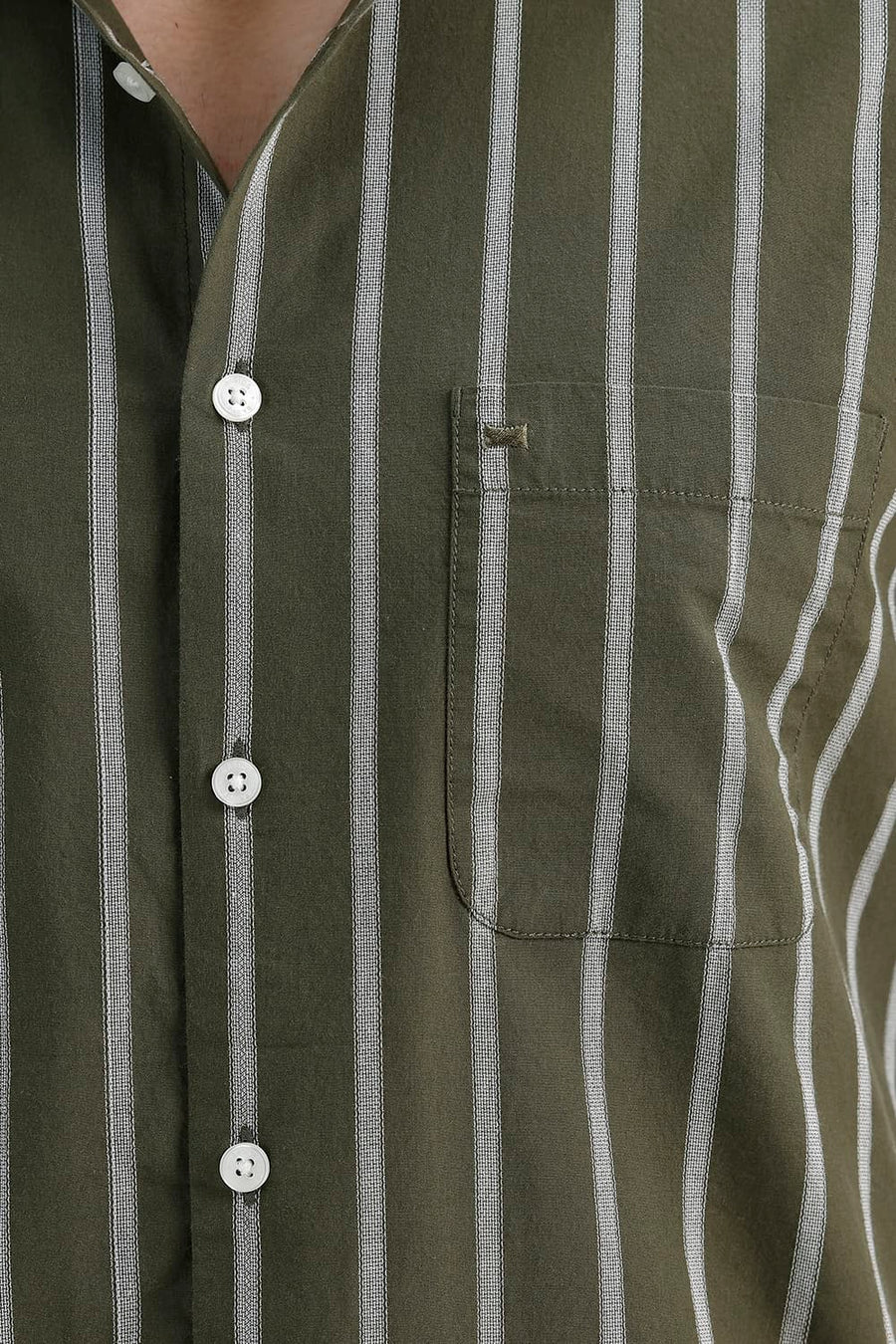 BASICS SLIM FIT MOSS GREEN COTTON DOBBY STRIPE SHIRT