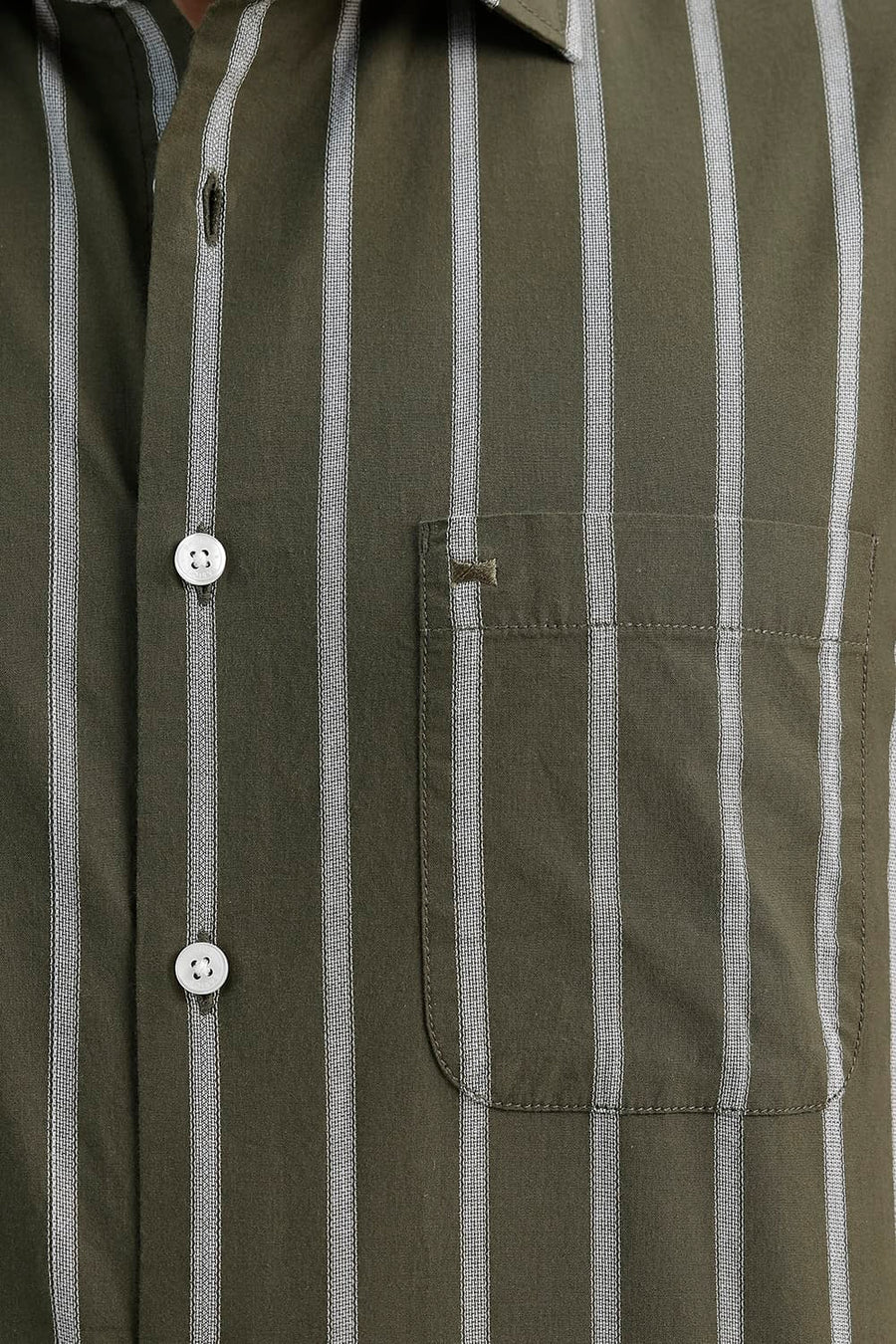 BASICS SLIM FIT MOSS GREEN COTTON DOBBY STRIPE HALFSLEEVES SHIRT