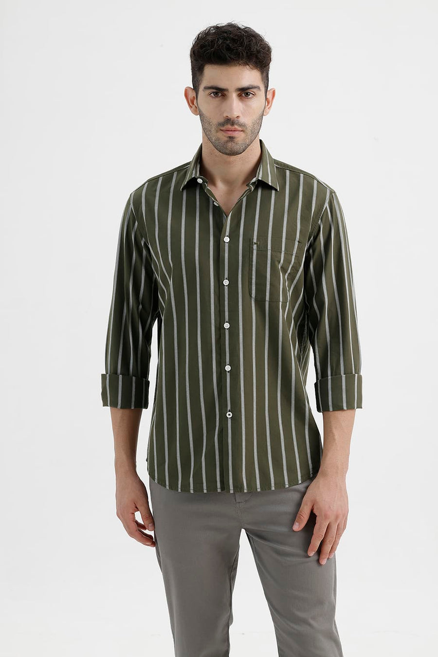 BASICS SLIM FIT MOSS GREEN COTTON DOBBY STRIPE SHIRT