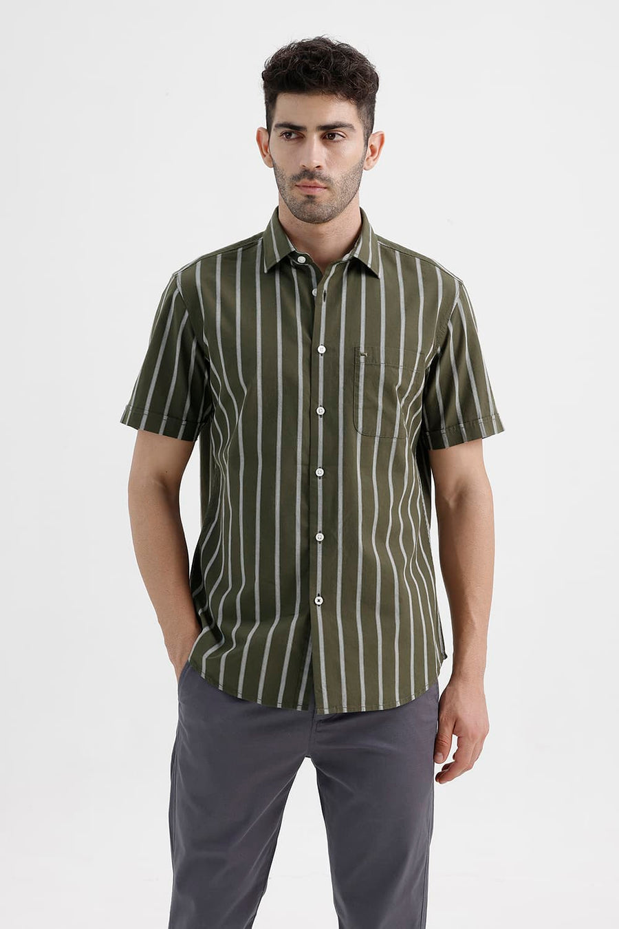 BASICS SLIM FIT MOSS GREEN COTTON DOBBY STRIPE HALFSLEEVES SHIRT