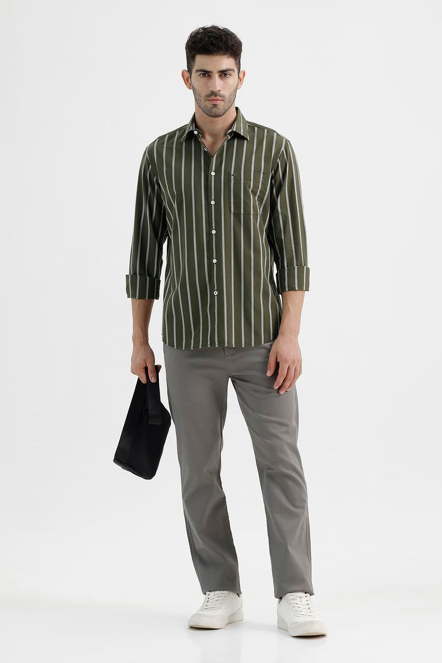 BASICS SLIM FIT MOSS GREEN COTTON DOBBY STRIPE SHIRT