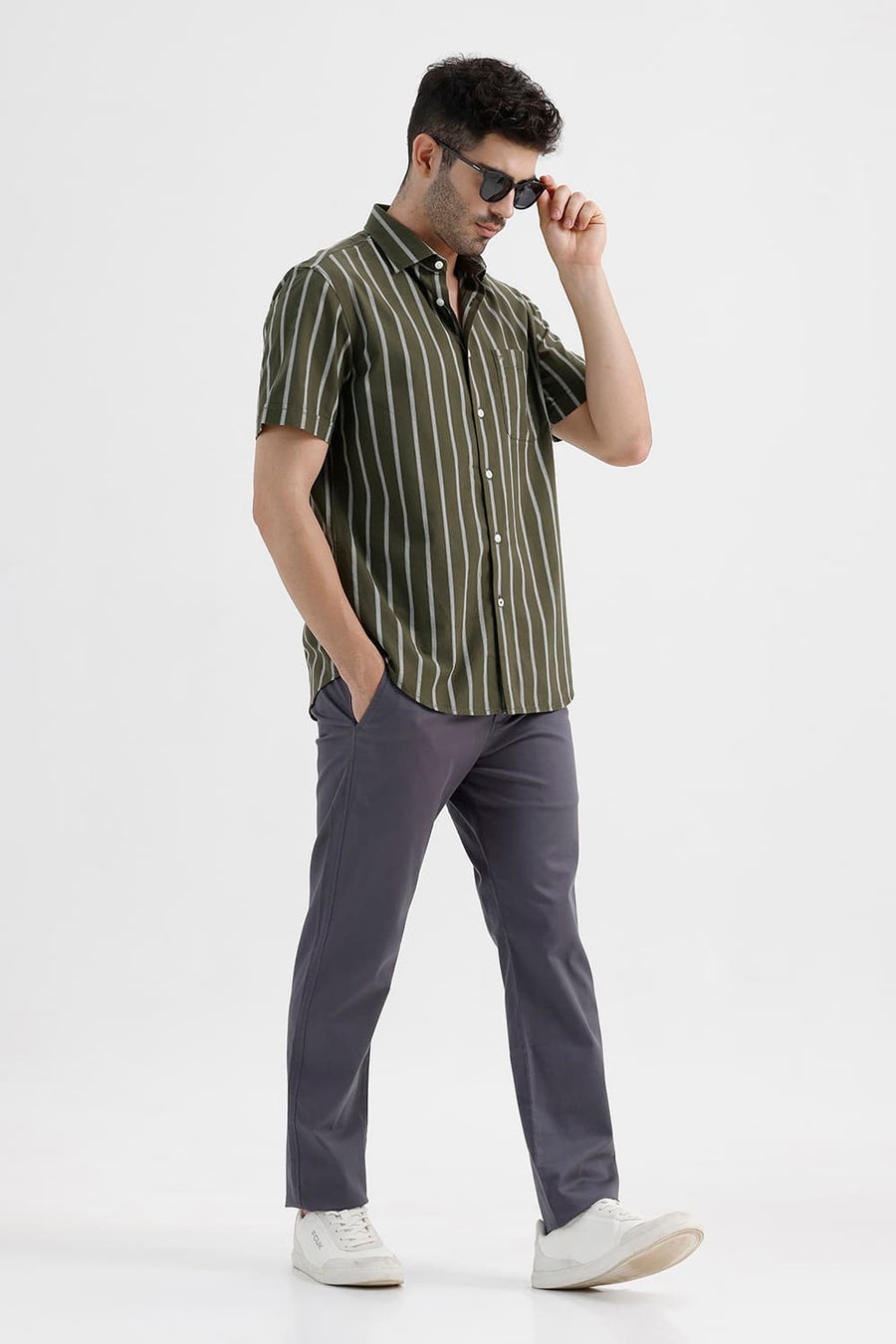 BASICS SLIM FIT MOSS GREEN COTTON DOBBY STRIPE HALFSLEEVES SHIRT