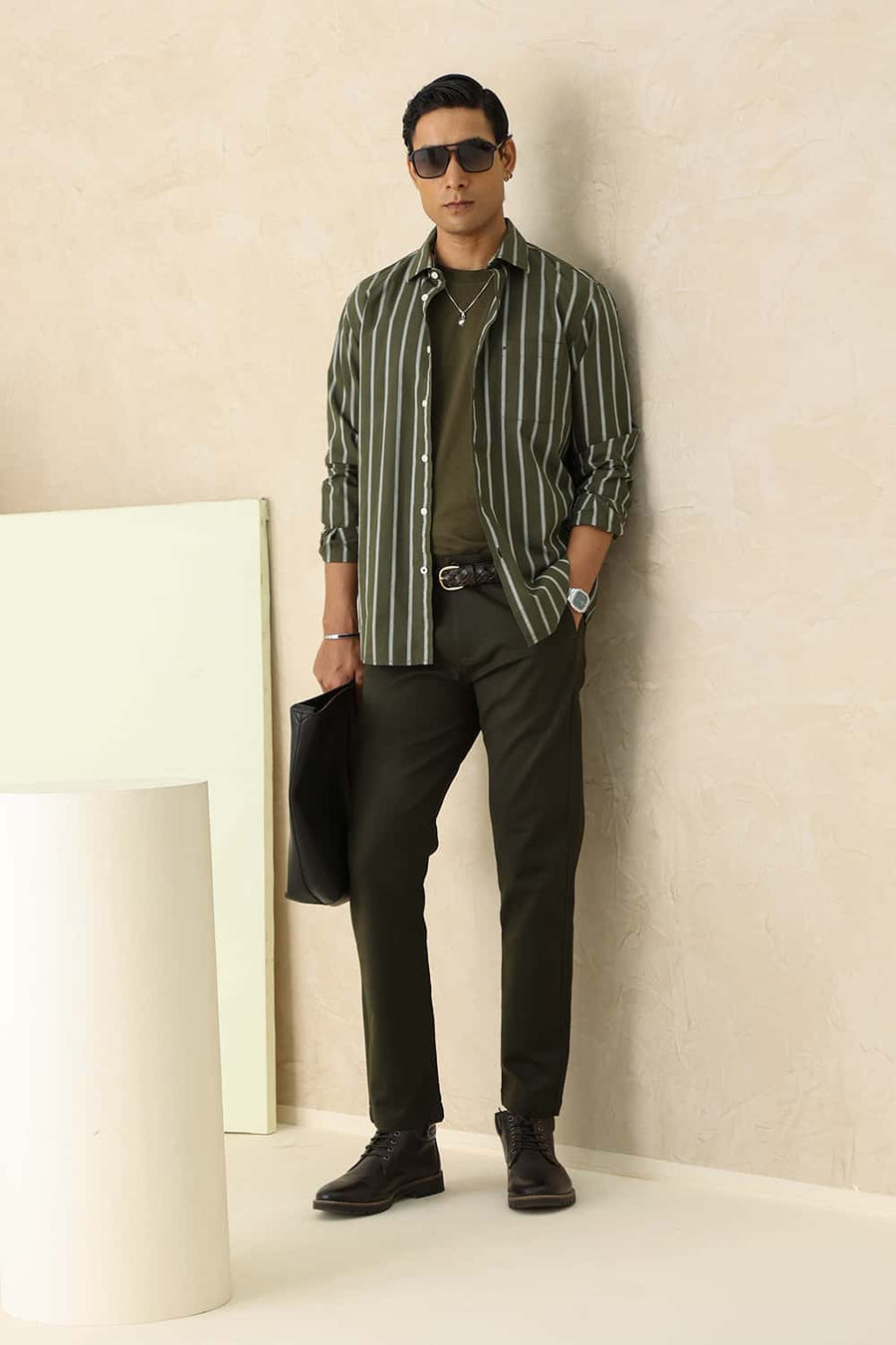 Basics Slim Fit Moss Green Cotton Dobby Stripe Shirt