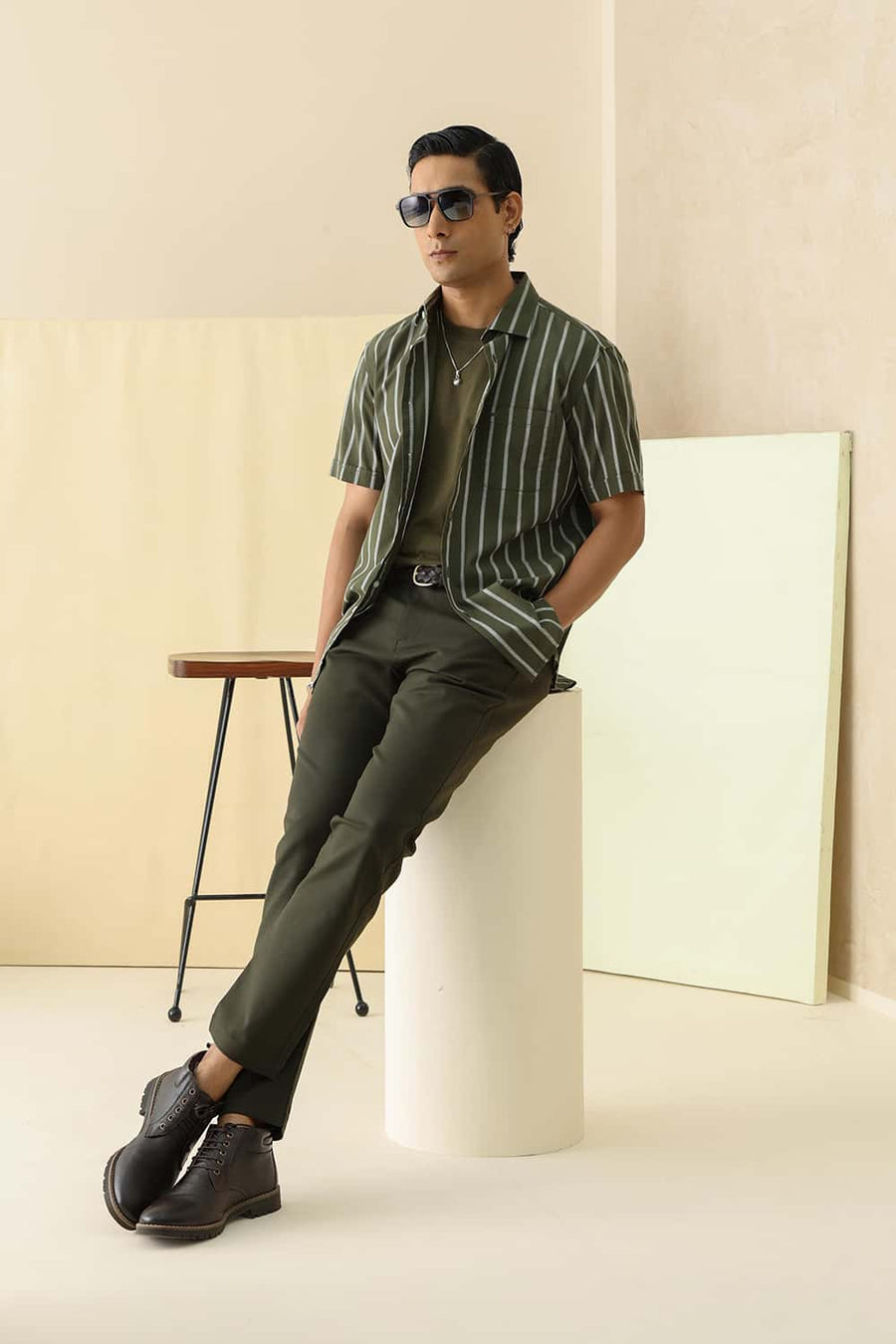 Basics Slim Fit Moss Green Cotton Dobby Stripe Halfsleeves Shirt