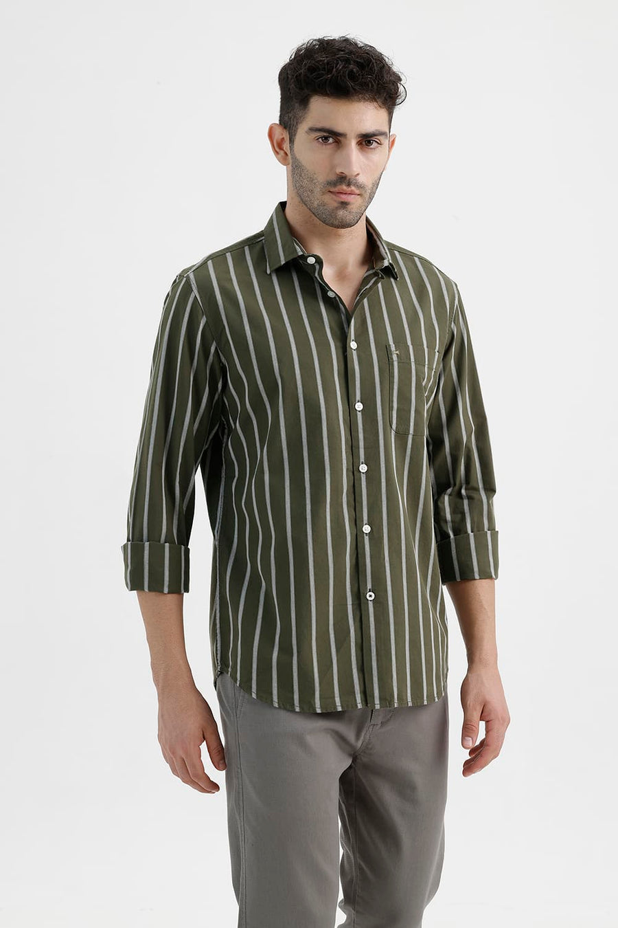 BASICS SLIM FIT MOSS GREEN COTTON DOBBY STRIPE SHIRT