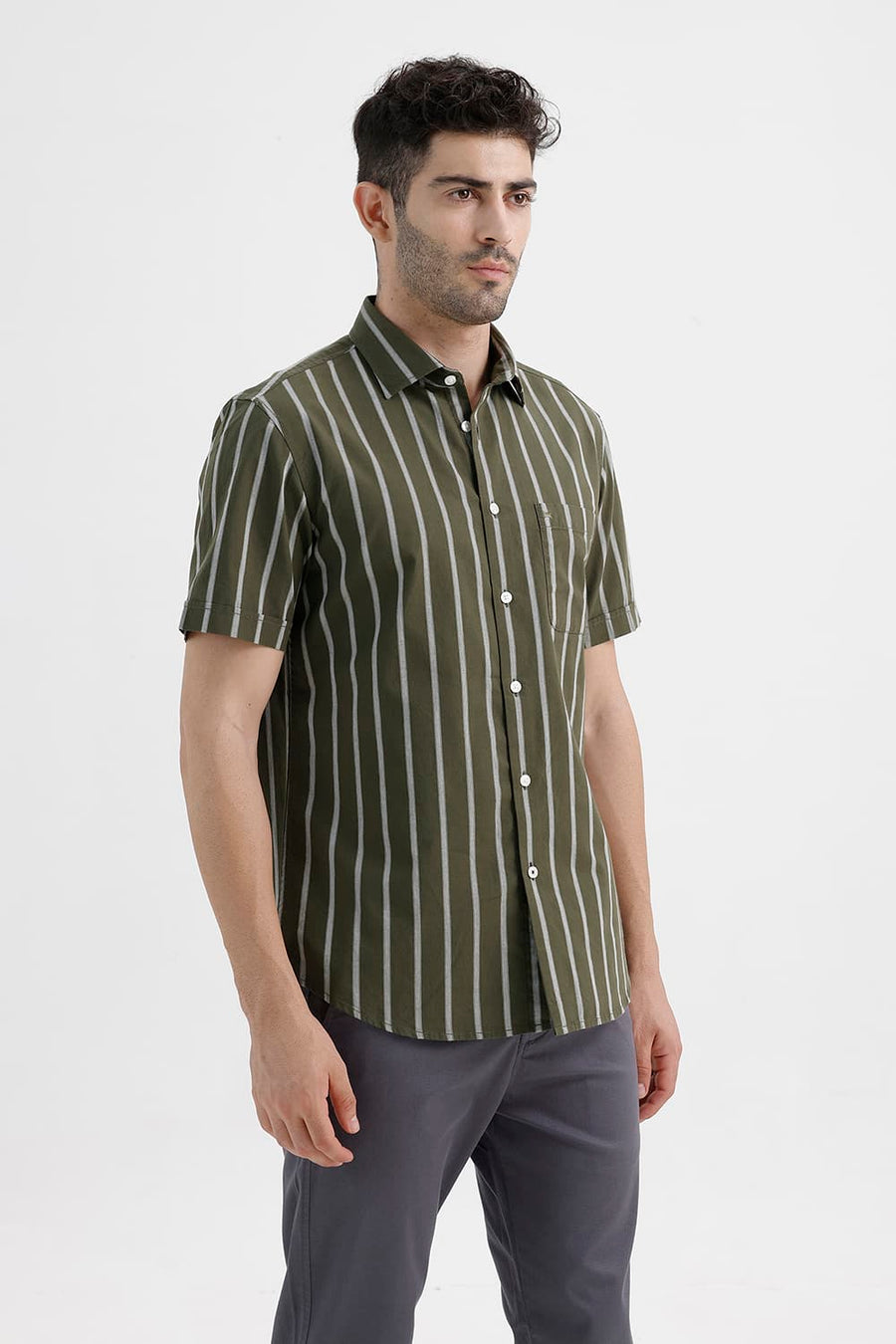 BASICS SLIM FIT MOSS GREEN COTTON DOBBY STRIPE HALFSLEEVES SHIRT