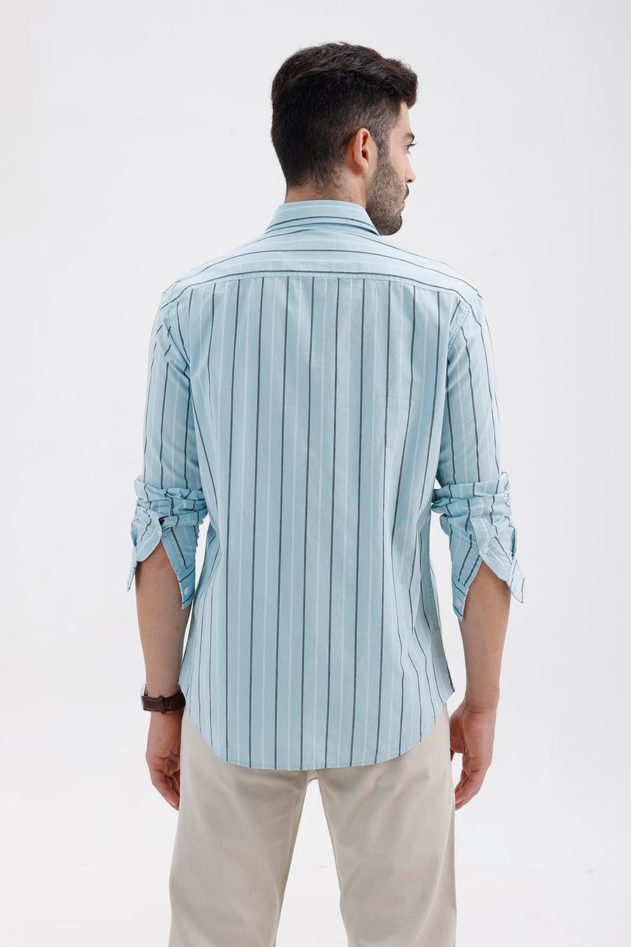 BASICS SLIM FIT BLUE GLOW COTTON DOBBY STRIPE SHIRT