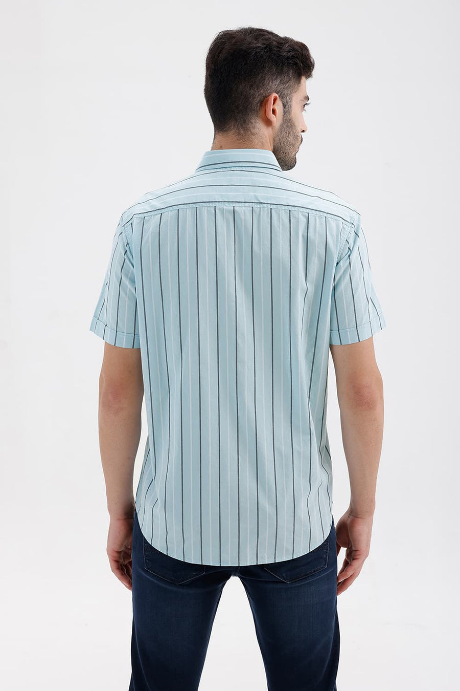BASICS SLIM FIT BLUE GLOW COTTON DOBBY STRIPE HALFSLEEVES SHIRT
