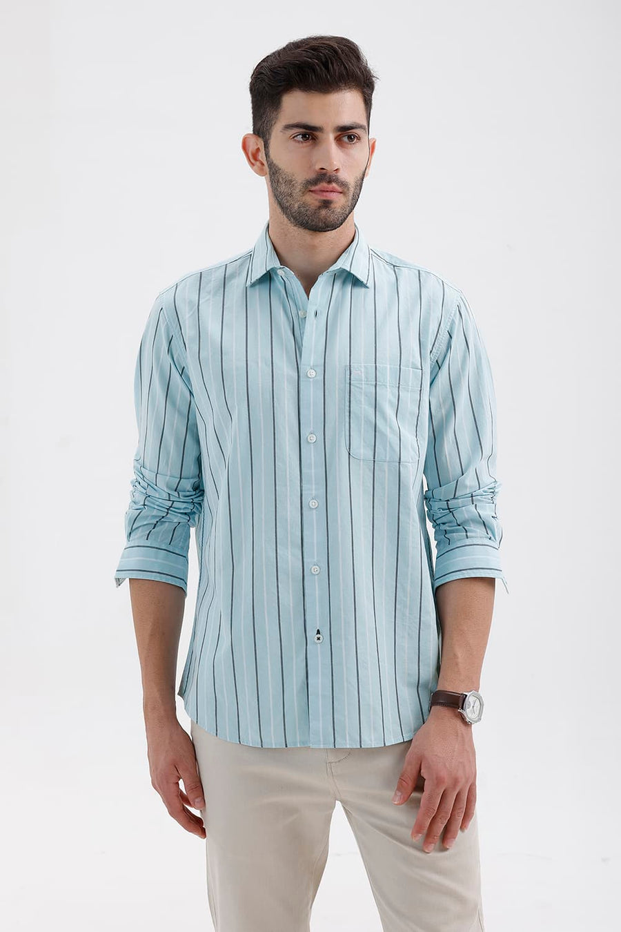 BASICS SLIM FIT BLUE GLOW COTTON DOBBY STRIPE SHIRT