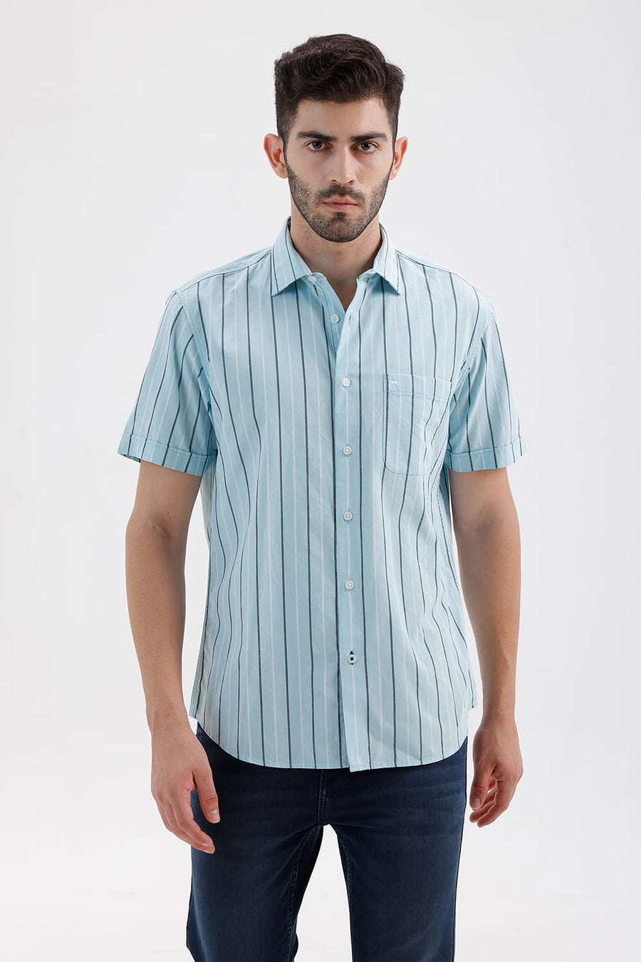 BASICS SLIM FIT BLUE GLOW COTTON DOBBY STRIPE HALFSLEEVES SHIRT