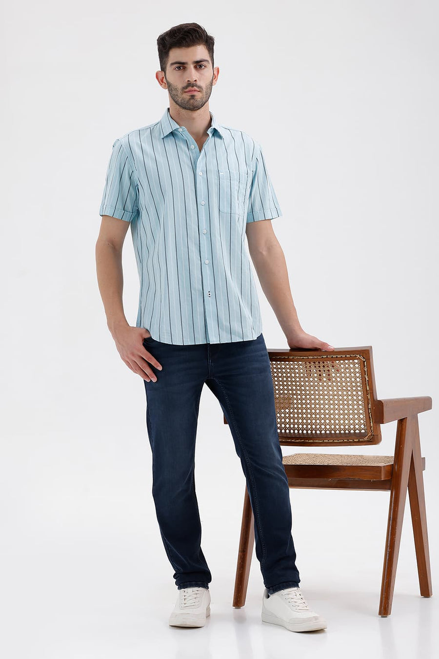 BASICS SLIM FIT BLUE GLOW COTTON DOBBY STRIPE HALFSLEEVES SHIRT