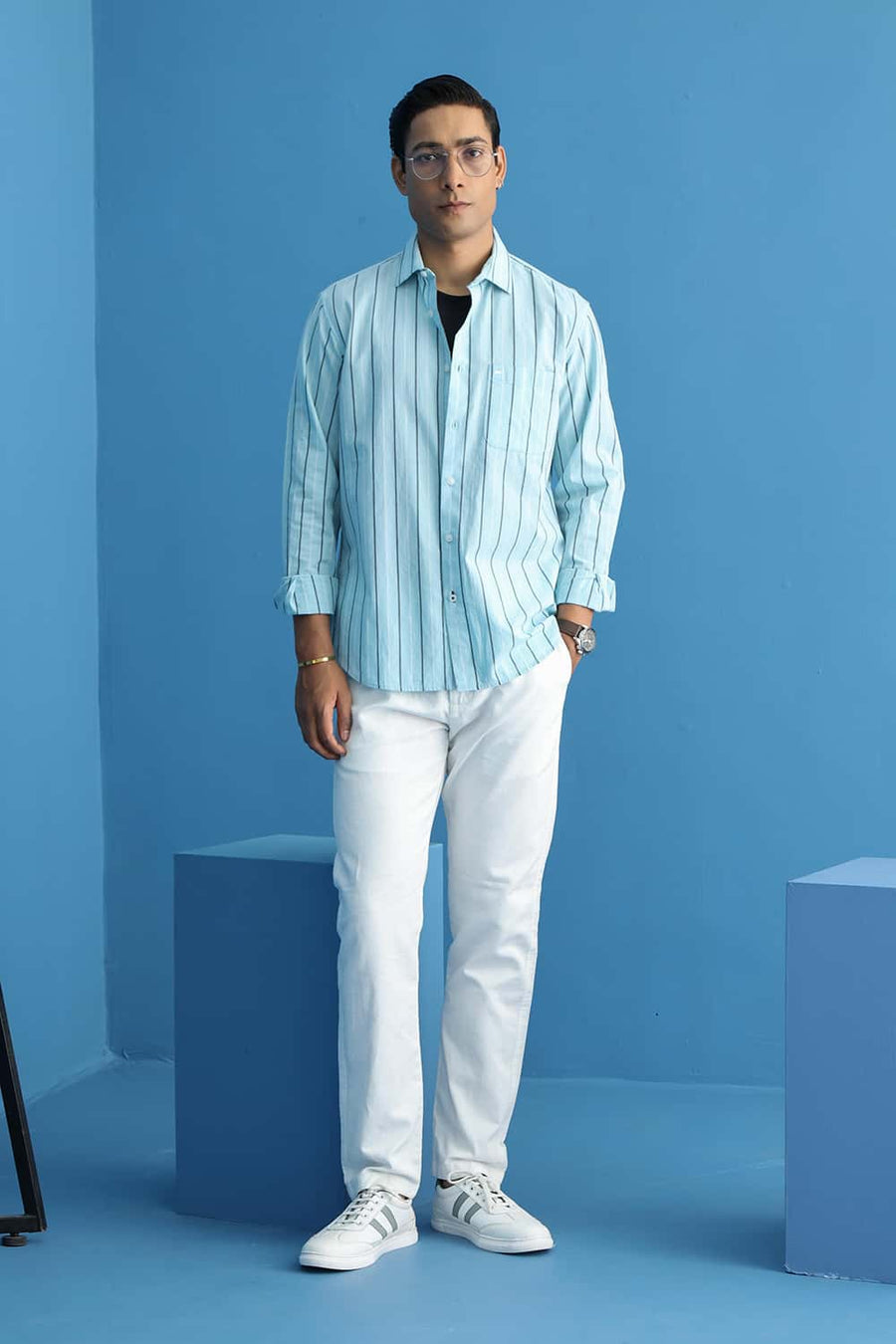 Basics Slim Fit Blue Glow Cotton Dobby Stripe Shirt