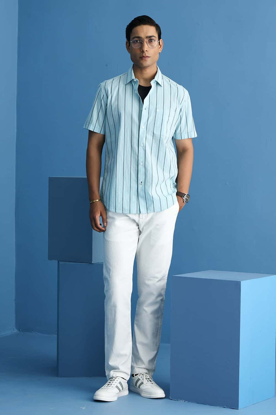 Basics Slim Fit Blue Glow Cotton Dobby Stripe Halfsleeves Shirt