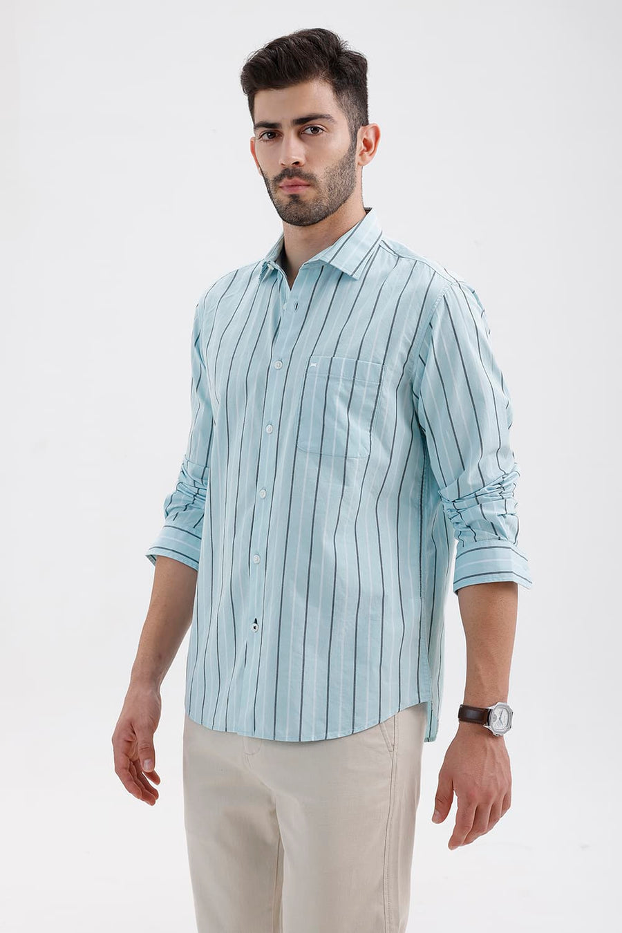 BASICS SLIM FIT BLUE GLOW COTTON DOBBY STRIPE SHIRT