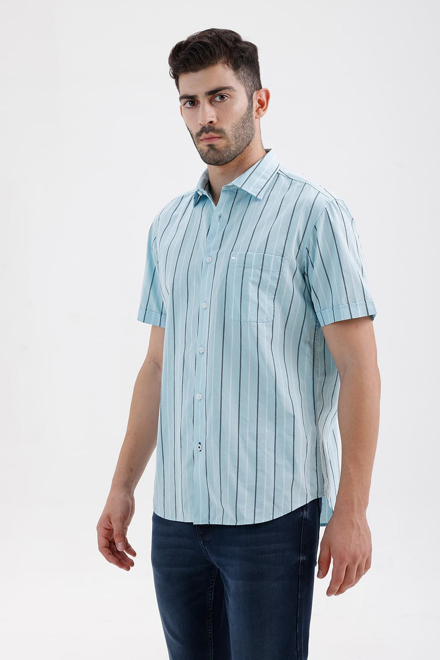 BASICS SLIM FIT BLUE GLOW COTTON DOBBY STRIPE HALFSLEEVES SHIRT