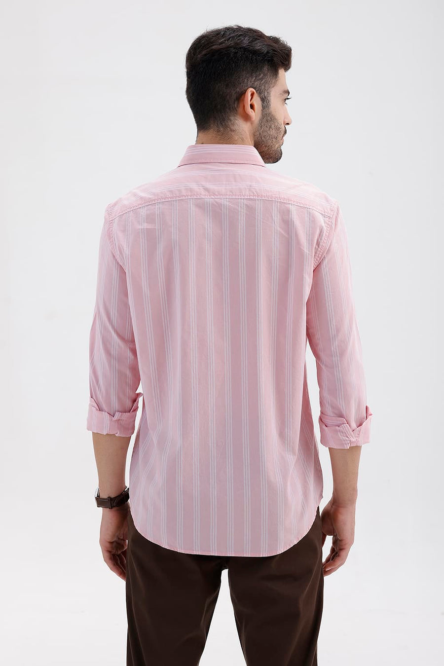 BASICS SLIM FIT BARLEY PINK COTTON DOBBY STRIPE SHIRT