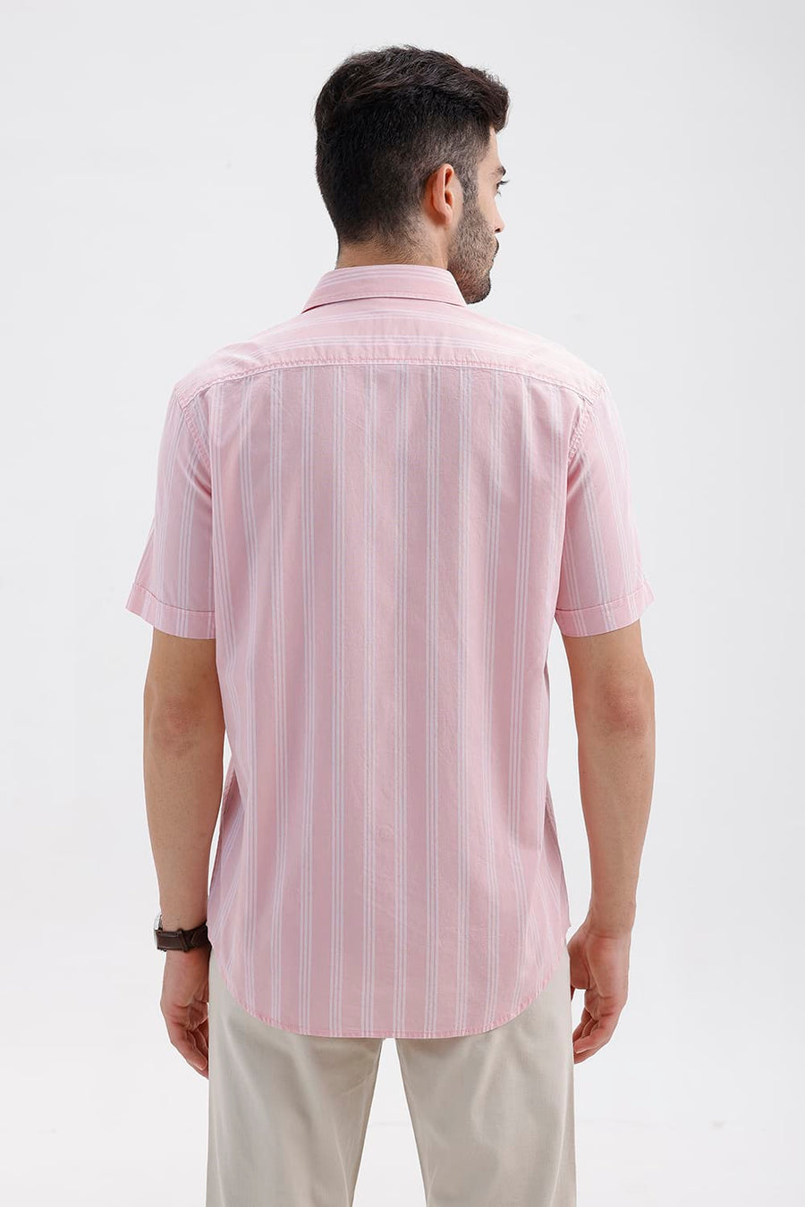 BASICS SLIM FIT BARLEY PINK COTTON DOBBY STRIPE HALFSLEEVES SHIRT