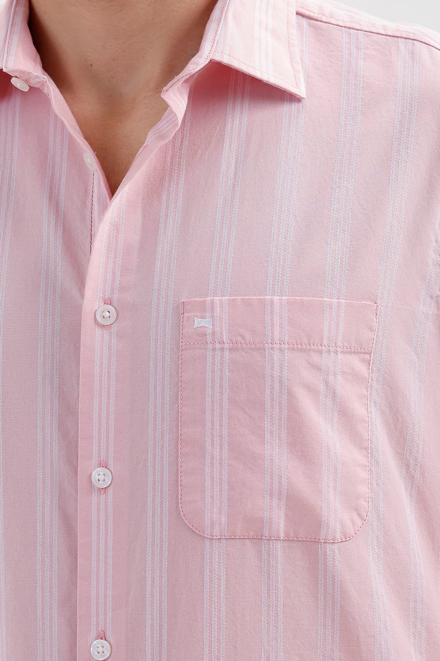 BASICS SLIM FIT BARLEY PINK COTTON DOBBY STRIPE HALFSLEEVES SHIRT