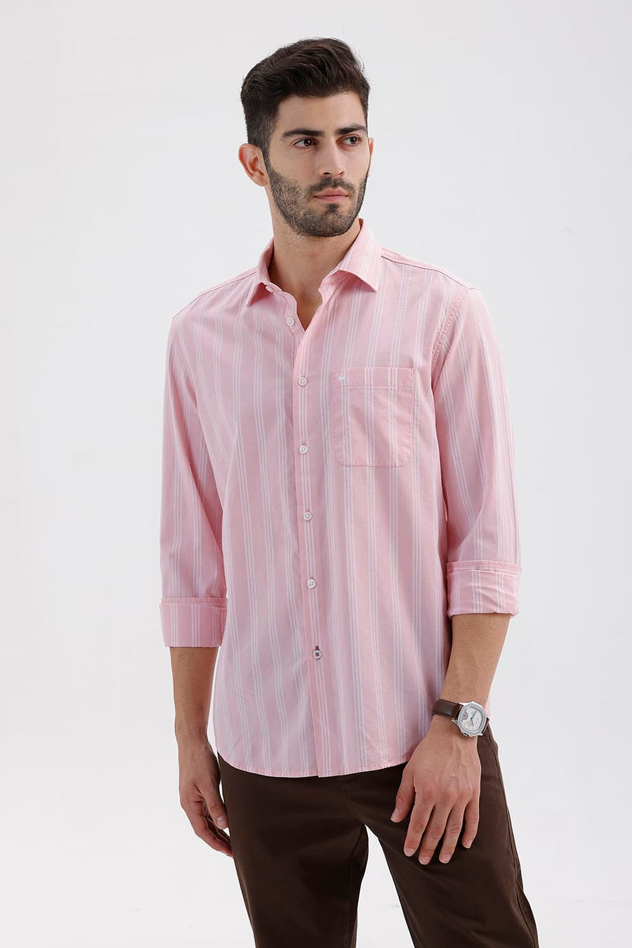 BASICS SLIM FIT BARLEY PINK COTTON DOBBY STRIPE SHIRT