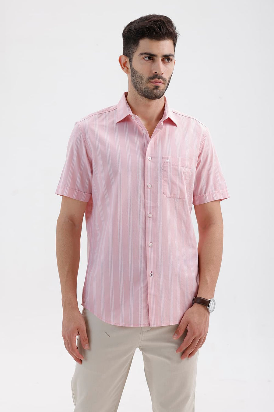 BASICS SLIM FIT BARLEY PINK COTTON DOBBY STRIPE HALFSLEEVES SHIRT
