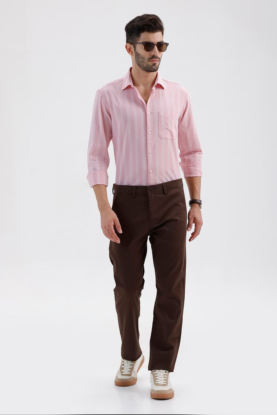BASICS SLIM FIT BARLEY PINK COTTON DOBBY STRIPE SHIRT