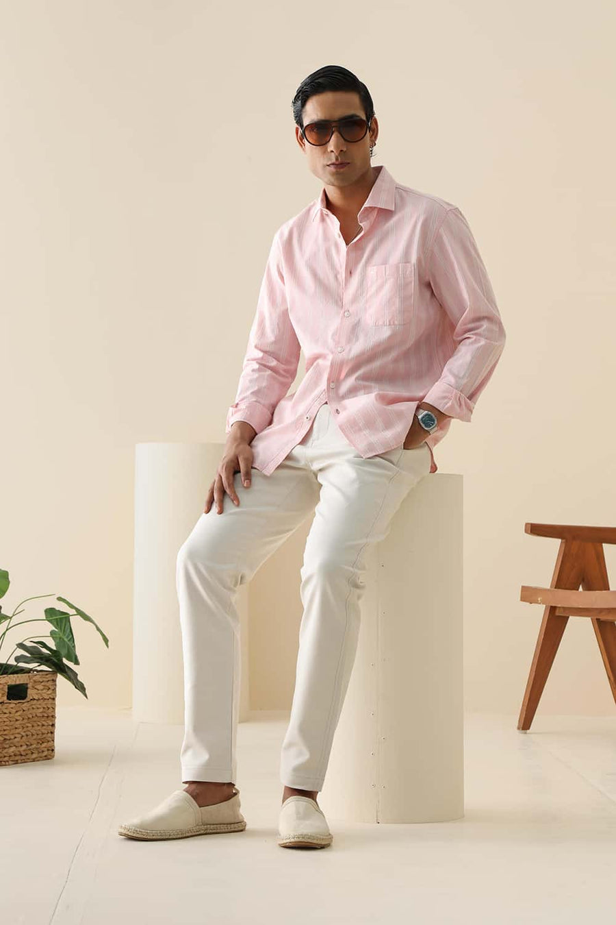 Basics Slim Fit Barley Pink Cotton Dobby Stripe Shirt