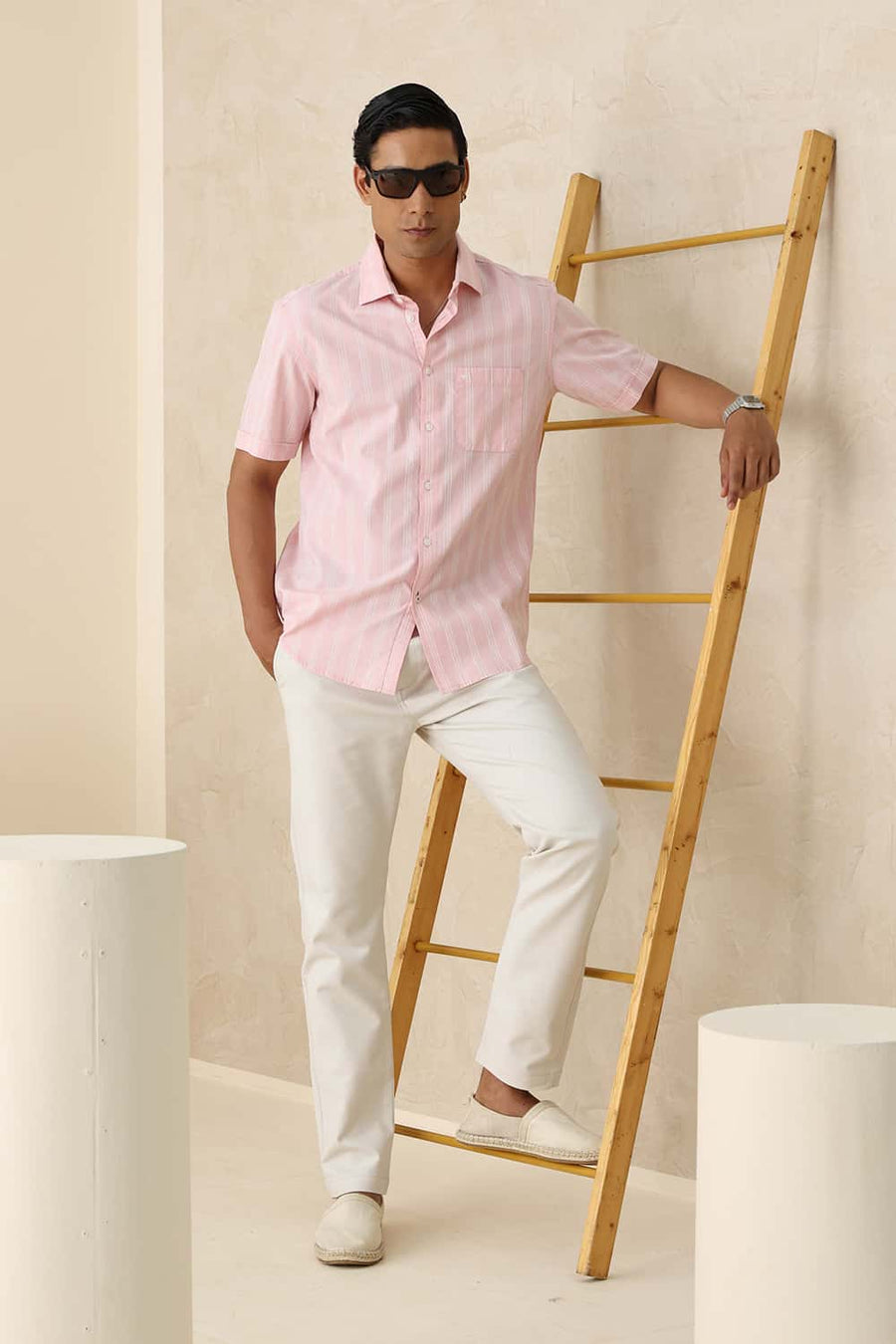 Basics Slim Fit Barley Pink Cotton Dobby Stripe Halfsleeves Shirt