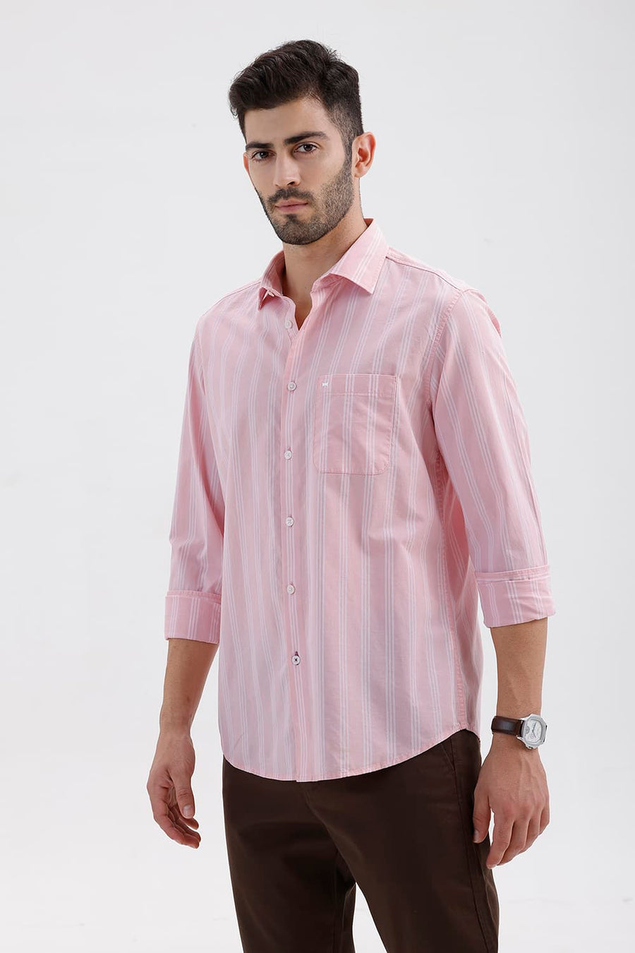 BASICS SLIM FIT BARLEY PINK COTTON DOBBY STRIPE SHIRT