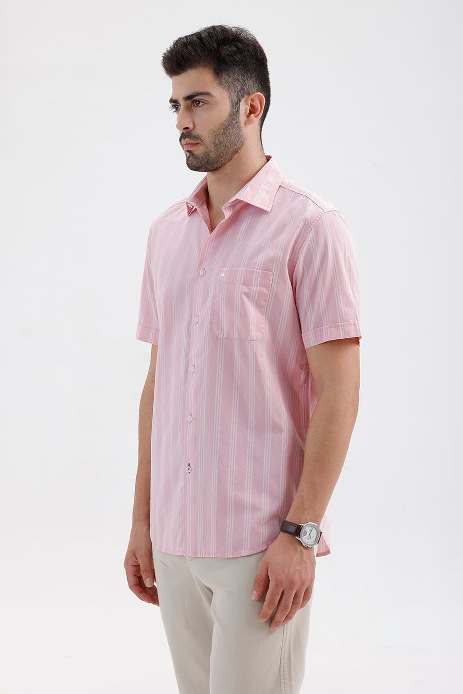 BASICS SLIM FIT BARLEY PINK COTTON DOBBY STRIPE HALFSLEEVES SHIRT