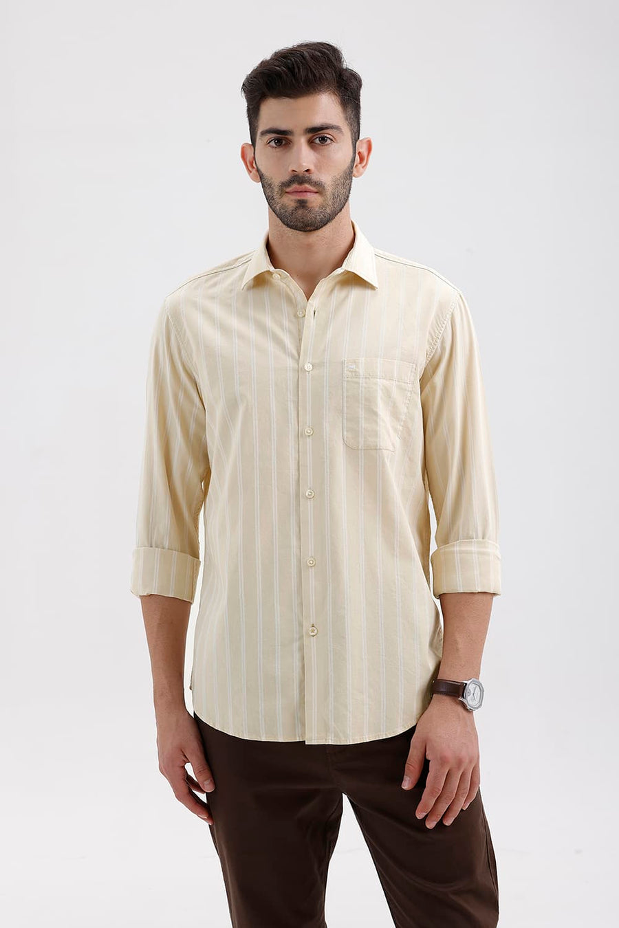 BASICS SLIM FIT ANGORA BRIGE COTTON DOBBY STRIPE SHIRT