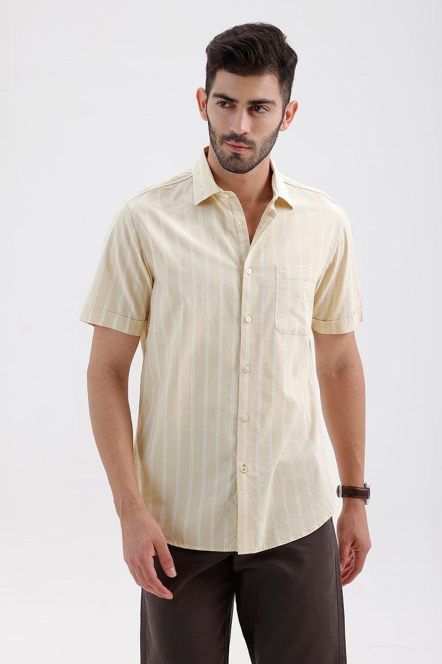 BASICS SLIM FIT ANGORA BRIGE COTTON DOBBY STRIPE HALFSLEEVES SHIRT