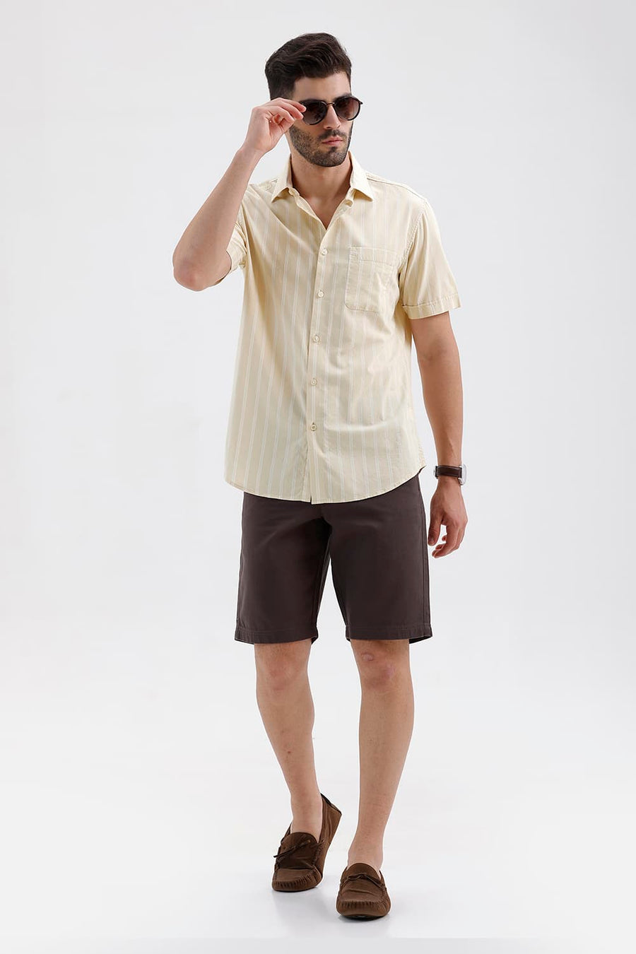 BASICS SLIM FIT ANGORA BRIGE COTTON DOBBY STRIPE HALFSLEEVES SHIRT