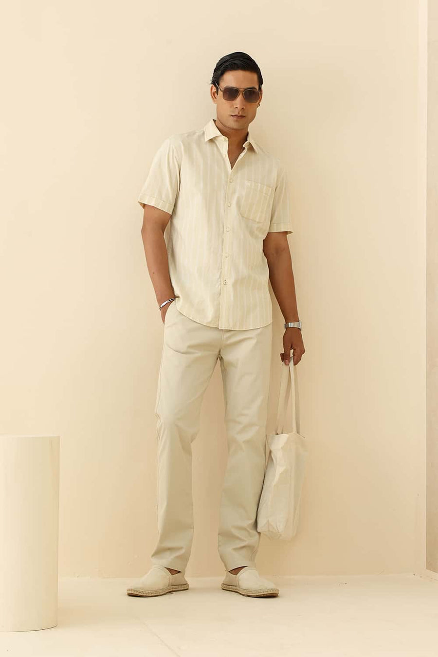 Basics Slim Fit Angora Brige Cotton Dobby Stripe Halfsleeves Shirt