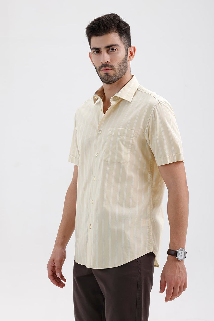 BASICS SLIM FIT ANGORA BRIGE COTTON DOBBY STRIPE HALFSLEEVES SHIRT